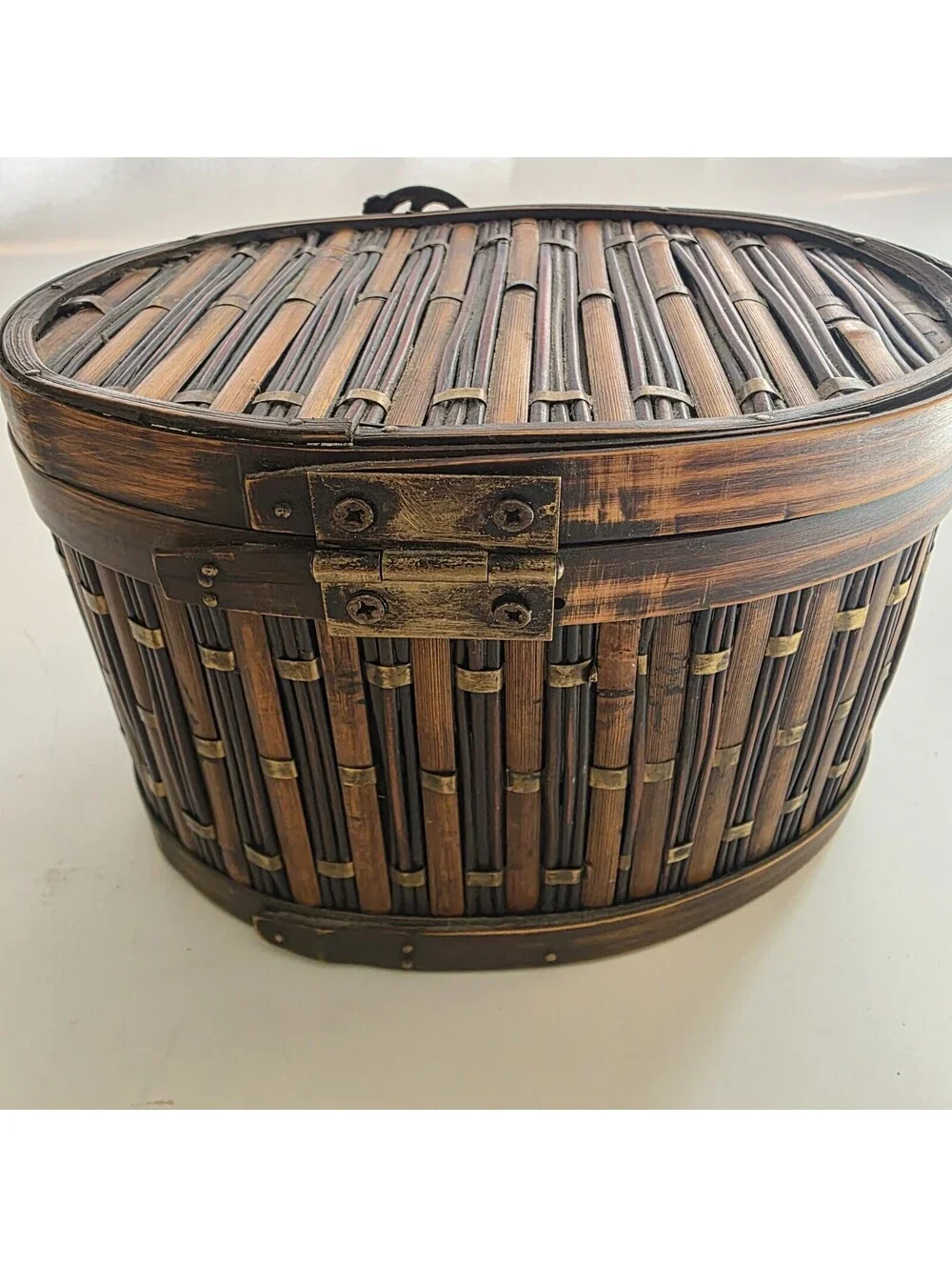 Bamboo/Rattan Oval Storage Box Clasp Closure VTG